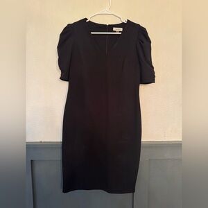 Calvin Klein Black Sheath Dress Size 12 Puff Sleeve V-Neck Career Work Midi